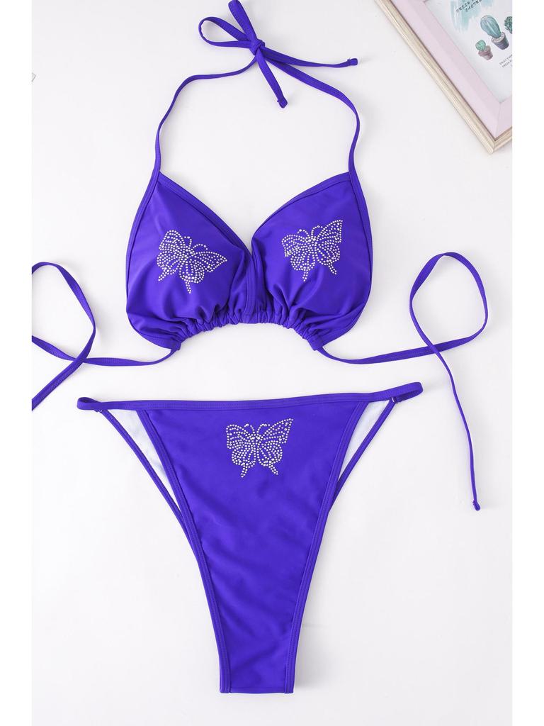 Europäischer & Amerikanischer Übergrößen Strass Schnür-Badeanzug - Einfarbiger Bikini ZY066