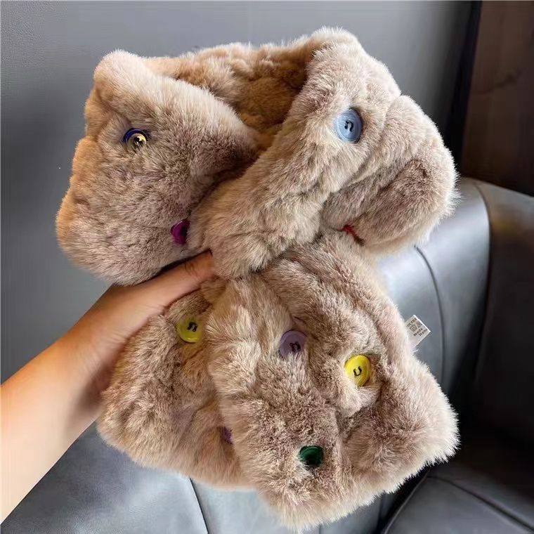 

Мягкий шарф зимний женский милый ленивый кроличий мех теплый плюшевый шарф с крестообразными цветными пуговицами хаки