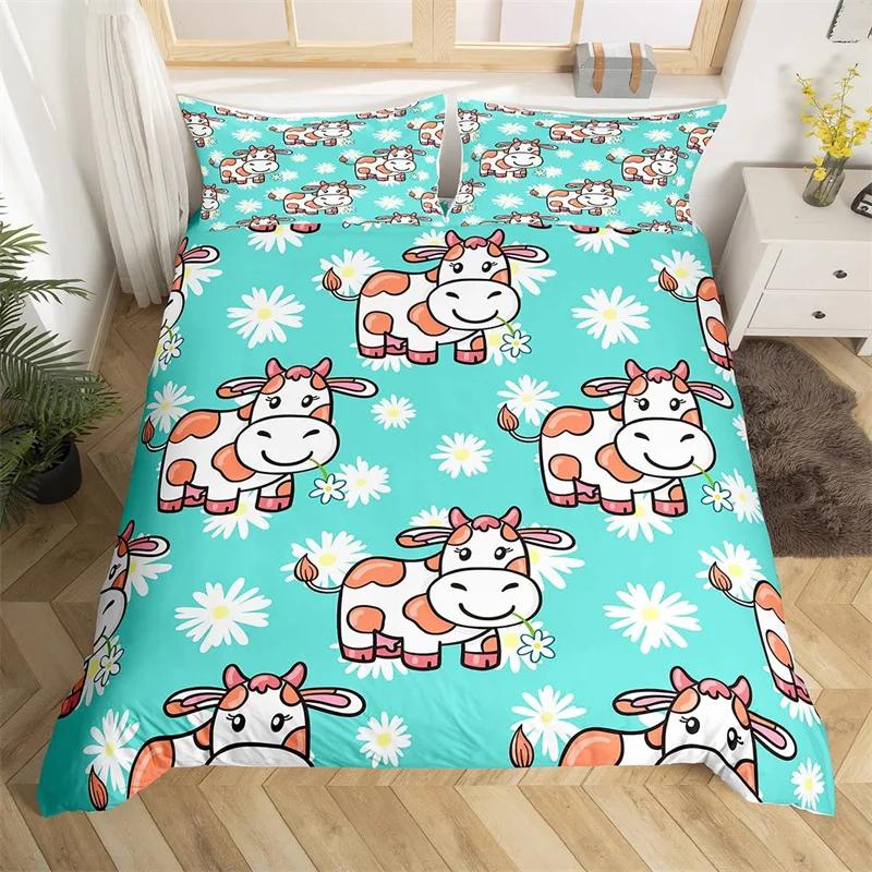 Comforter Cute Cartoon Cows Twin King Farm Animal Bedding Set Microfiber Botanical Floral Comforter For Boys Girls