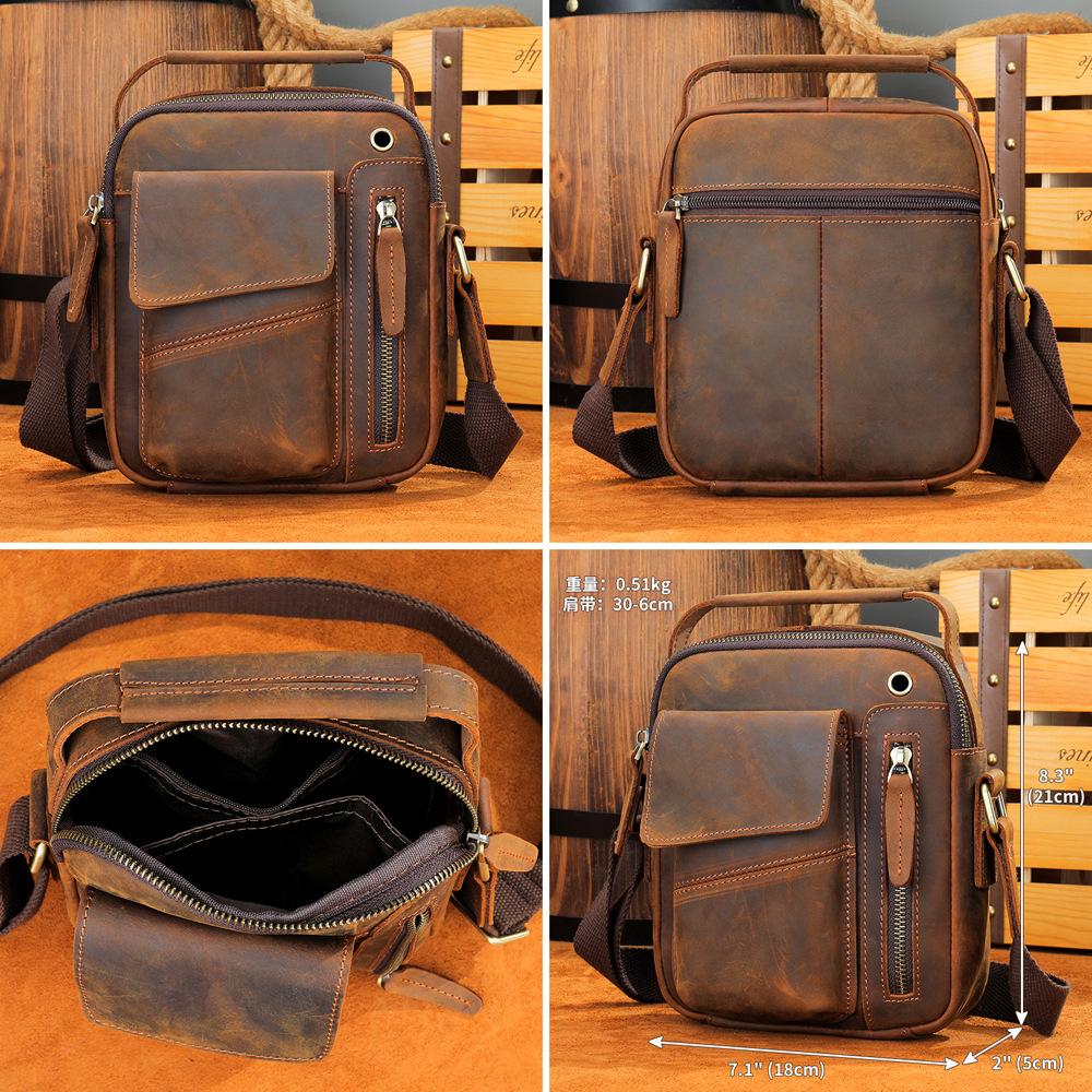 New Crazy Horse Leather Men's Bag Leather Vertical Men's Shoulder Bag Phone Small Bag Earphone Hole Small Men's Cross Shoulder Bag