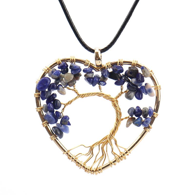 Hand Winding Gold Peach Heart Curved Tree Of Life Necklace Gravel Crystal Pendant Necklace N54