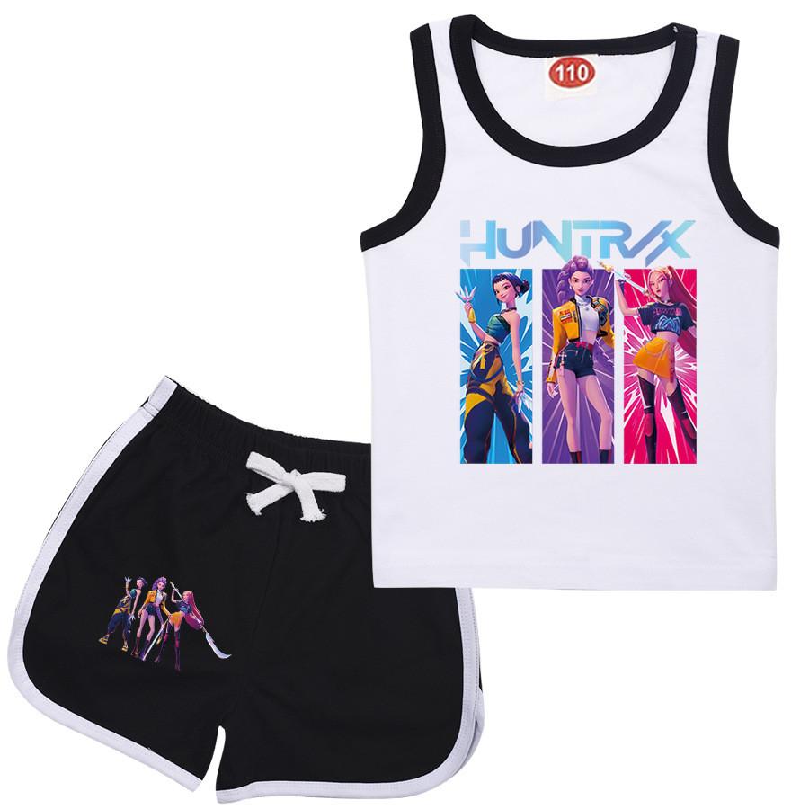 Kinder Mädchen Anime Cartoon K-Pop Rumi Aufdruck Baumwolle Ärmelloses T-Shirt Tanktop Shorts Kleidung Set
