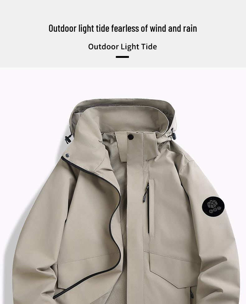 Autumn/Winter Outdoor Cardigan Jacket with Removable Hood – Wear-Resistant Student Team Uniform & Self-Driving Camping Windbreaker