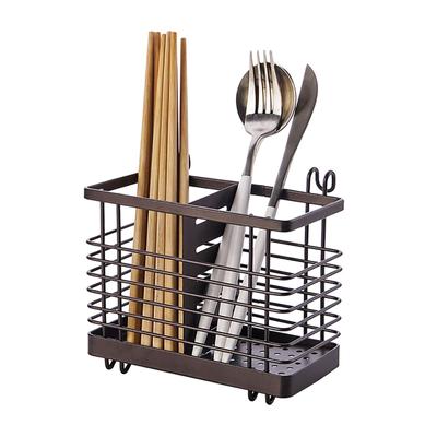 Chopstick Holder Cutlery Stand Drainer Holds Spoons and Forks Stainless Steel 2 Compartments with Hook (Brown)