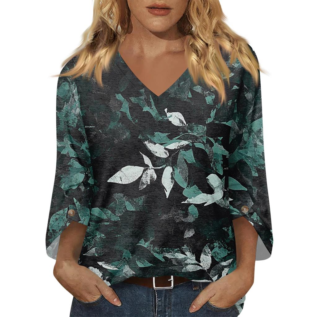 Womens V Neck Three Quarter Sleeve Floral Print Casual Loose Fit Top Comfortable Lightweight Blouse for Daily Wear Office and Travel