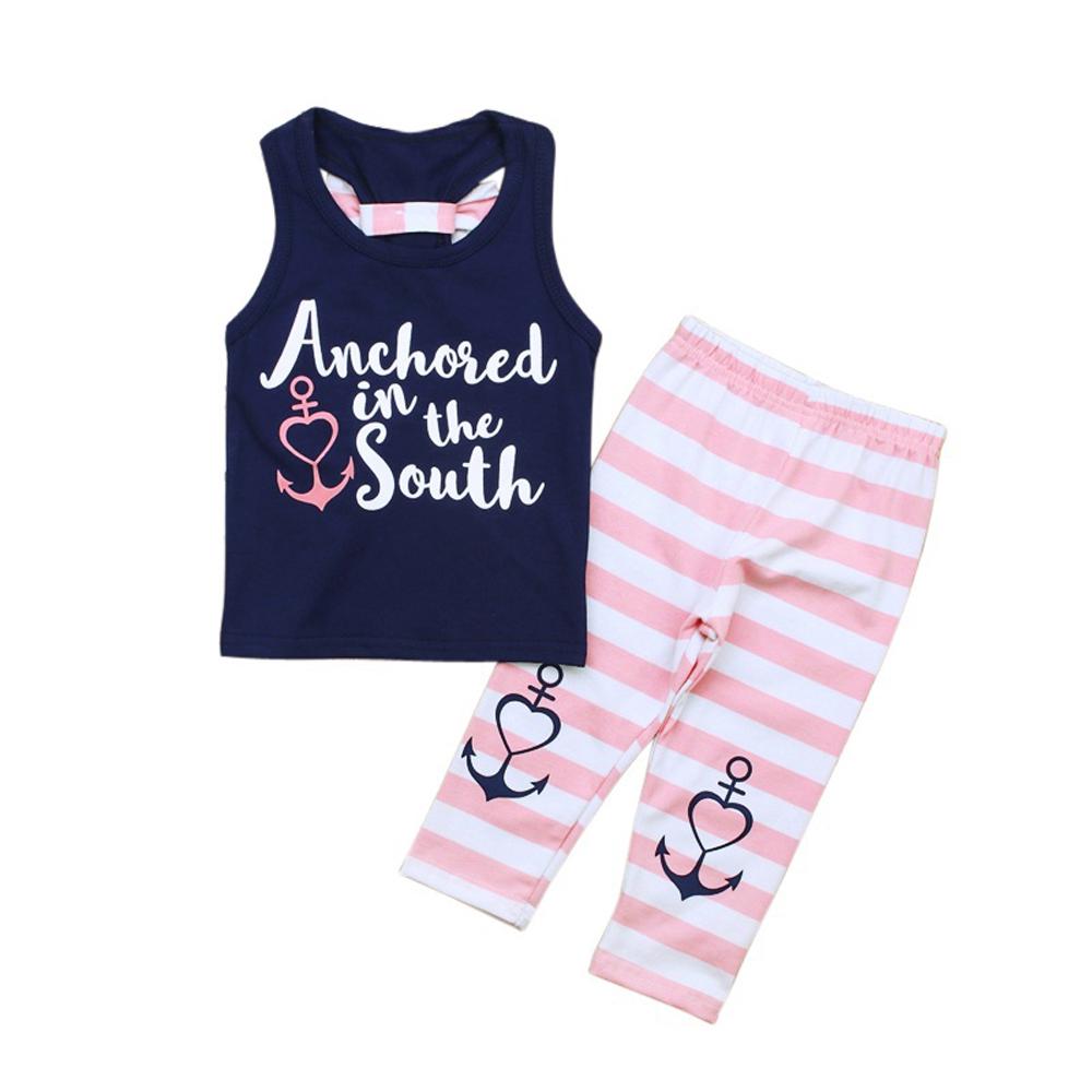 

Комплект одягу 2PC Outfits для дівчаток: Рожеві топи без рукавів із бантом + штани в смужку Anchor 130
