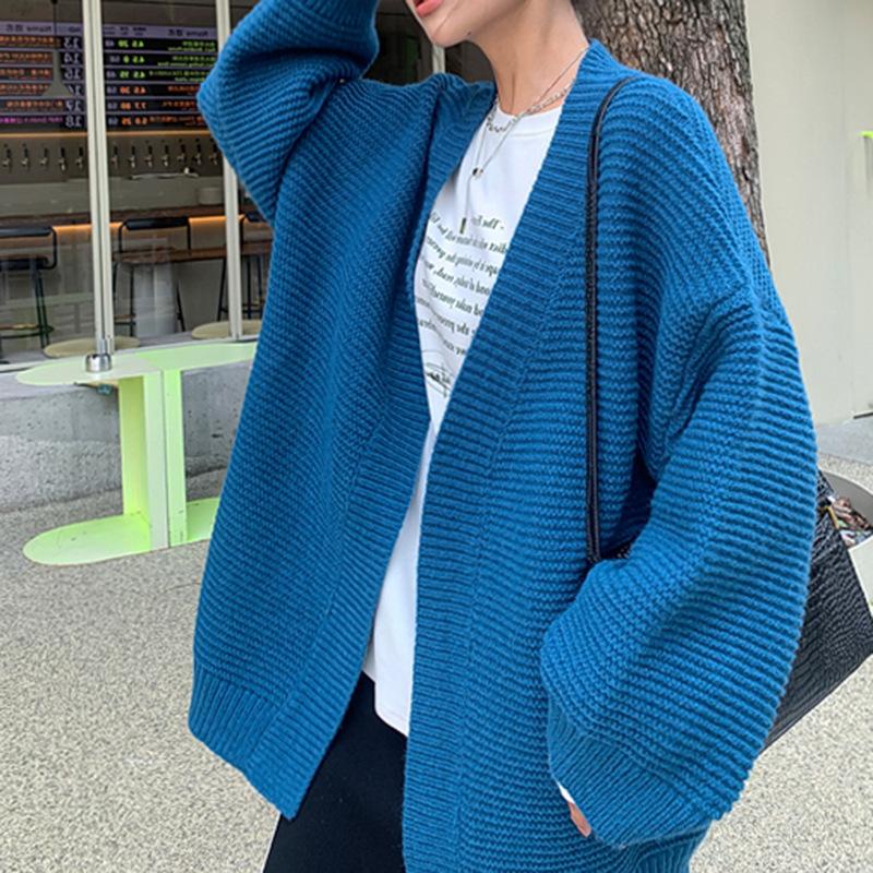

Autumn and winter new loose lazy style knitted cardigan top women s simple versatile soft waxy sweater jacket One Size