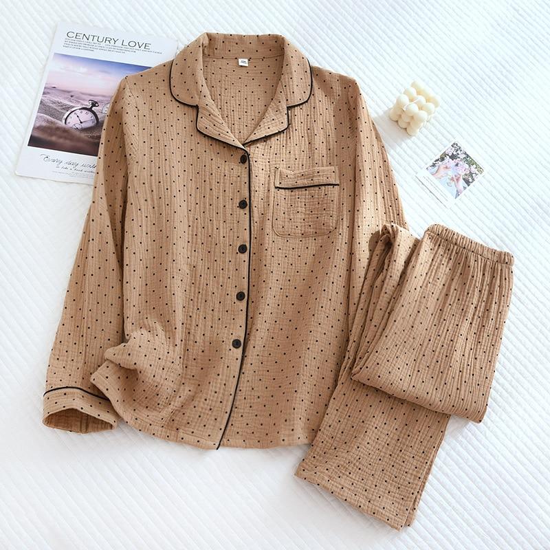 2026 Spring and Autumn New Women's Pajama Set 100%cotton Crepe Long-sleeved Trousers Two-piece Polka Dot Cute Home Wear Thin Set