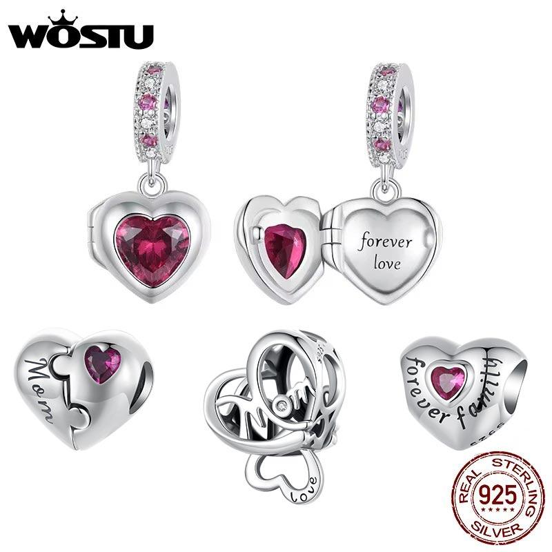 WOSTU 925 Sterling Silver Valentine Gift Openable Red Heart Charms Love Pendant mom Bead Fit Bracelet Necklace DIY Jewelry Gift2
