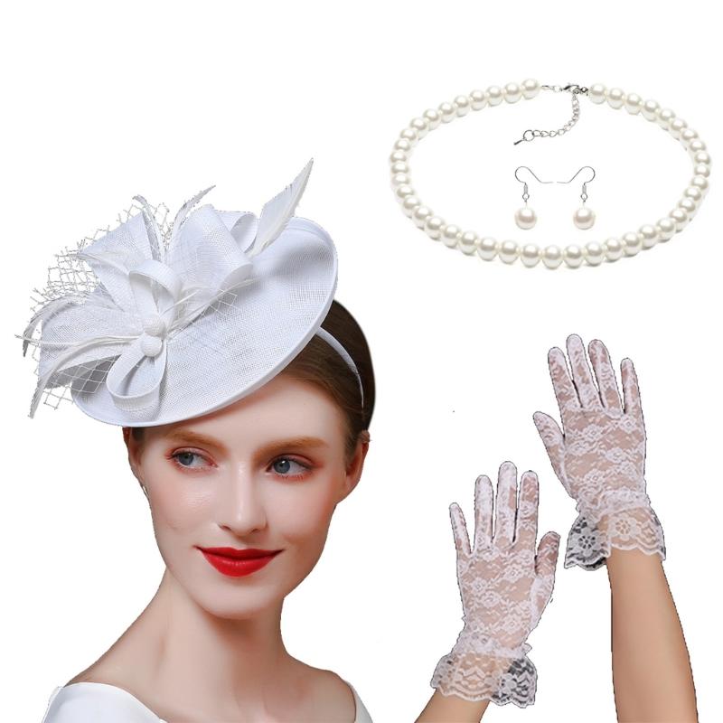 20s Derby Hat with Feathered Necklace Earrings Gloves For Women Horse Racing Event and Cocktails Party Props Headwear