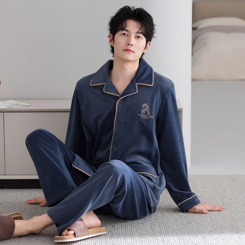 Pajamas Men'S Winter Thickened Fleece Coral Fleece Spring And Autumn Thin Fleece Men'S Island Fleece Autumn And Winter Loungewear Set