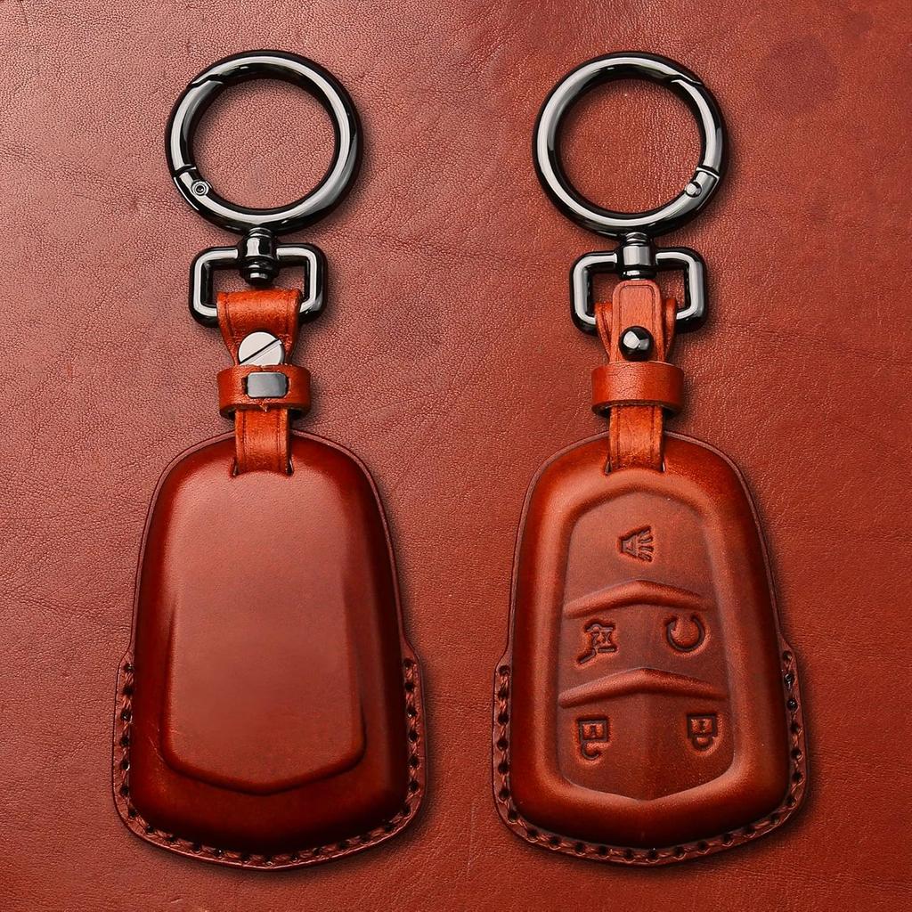 Tukellen for Cadillac Leather Key Fob Cover with Keychain Leather Key Case Key Shell 360 Degree Full Protection Compatible with Cadillac Escalade CTS