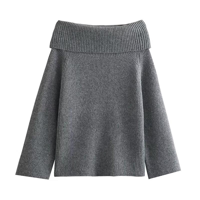 Women Fashion Solid Loose Knitted Pullover Sweater Vintage Slash Neck Long Sleeves Female Chic Lady Tops