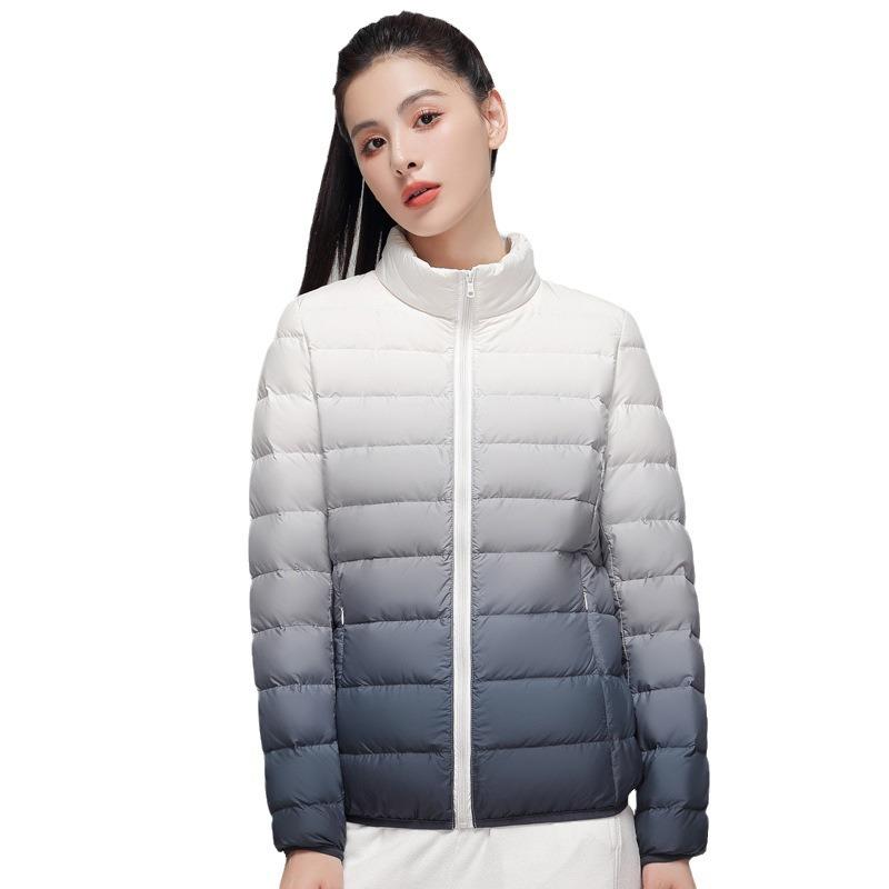 Pinghu Down Jacket Women's Light Down Jacket Short Stand-up Collar White Duck Down Winter Coat Gradual Change Color Liner