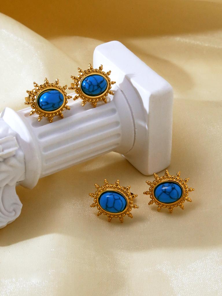 1 Pair Vintage French Natural Stone Blue Zircon Stainless Steel 18k Gold Plated Women's Stud Earrings for Women's Daily Wear