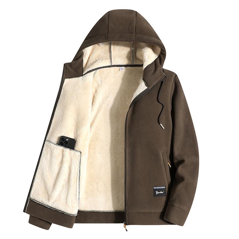 Lamb Fleece Plus Plus Men's Hooded Jacket for Autumn and Winter Sports and Leisure, with Fleece Warm Top
