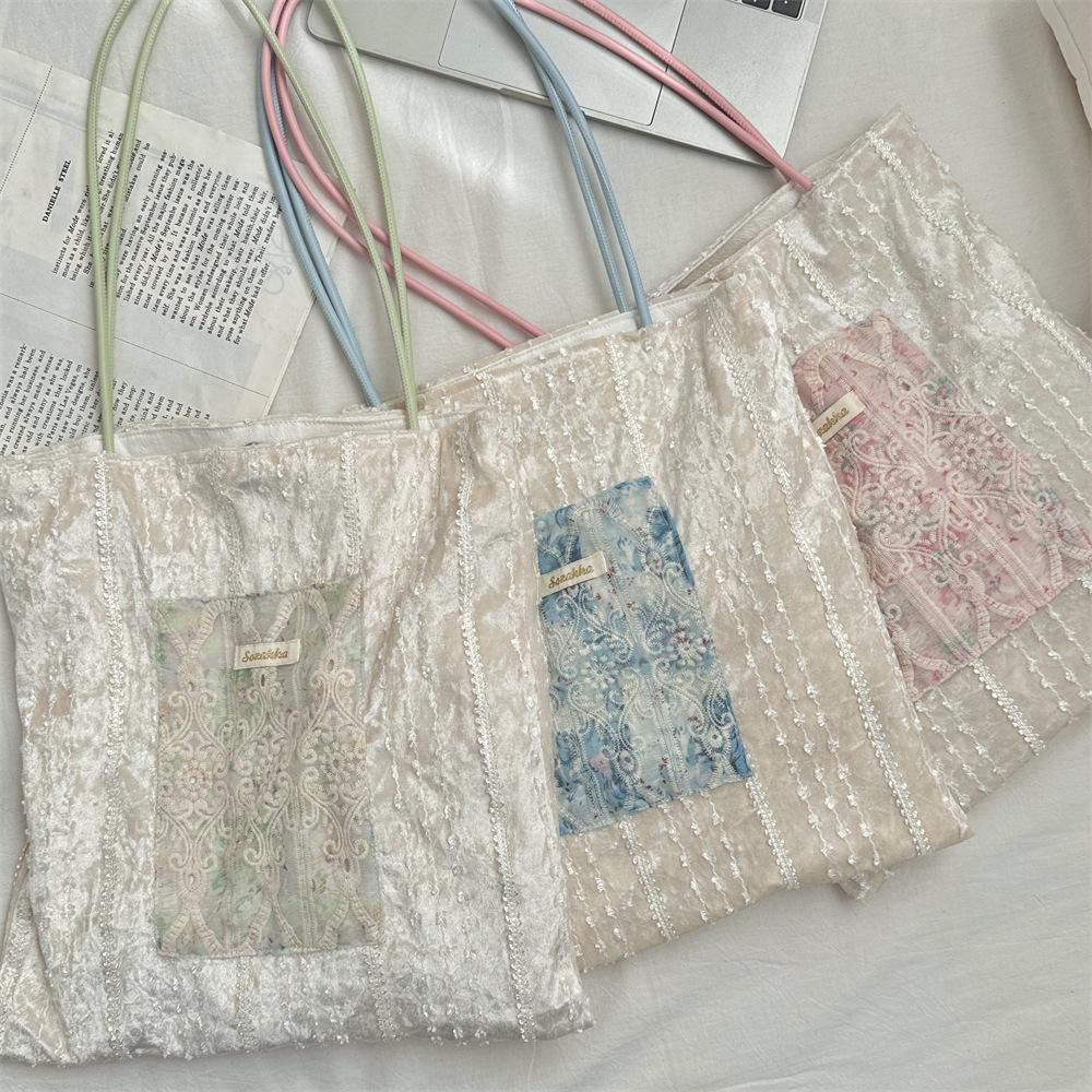 New Style, Pearl, Niche Design, Canvas Bag, Large Capacity, Commuting Bag, Girls' Bag, Lace Hand-held Shoulder Bag