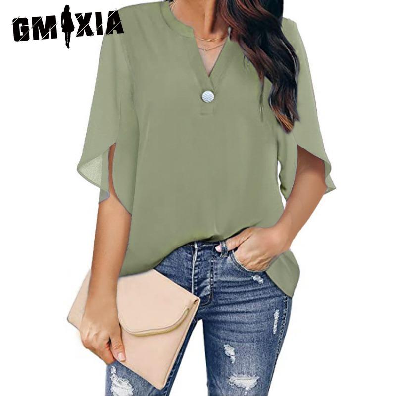 

GMXIA Женские модные повседневные однотонные блузки и рубашки с короткими рукавами и v-образным вырезом с принтом XXL зелёный