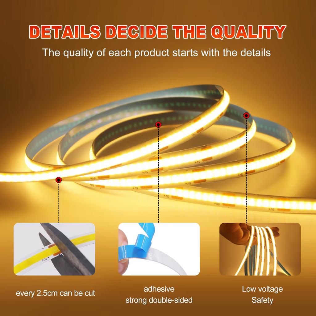 5V COB LED Strip Light with Touch Dimmer 320 LEDs/m USB Flexible Diode Tape for TV Backlight DIY Wall Room Decoration