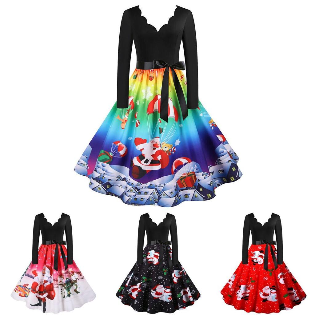 Elegant Santa Claus Print V Neck Christmas Dress For Women In Festive Red And Black