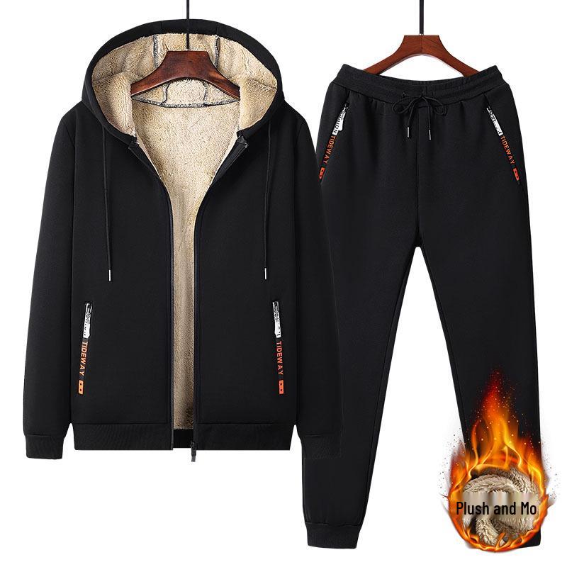 Men's Winter Fleece Lined Lambswool Coat and Pants Set - Outdoor Casual Sportswear, Plus Size Available