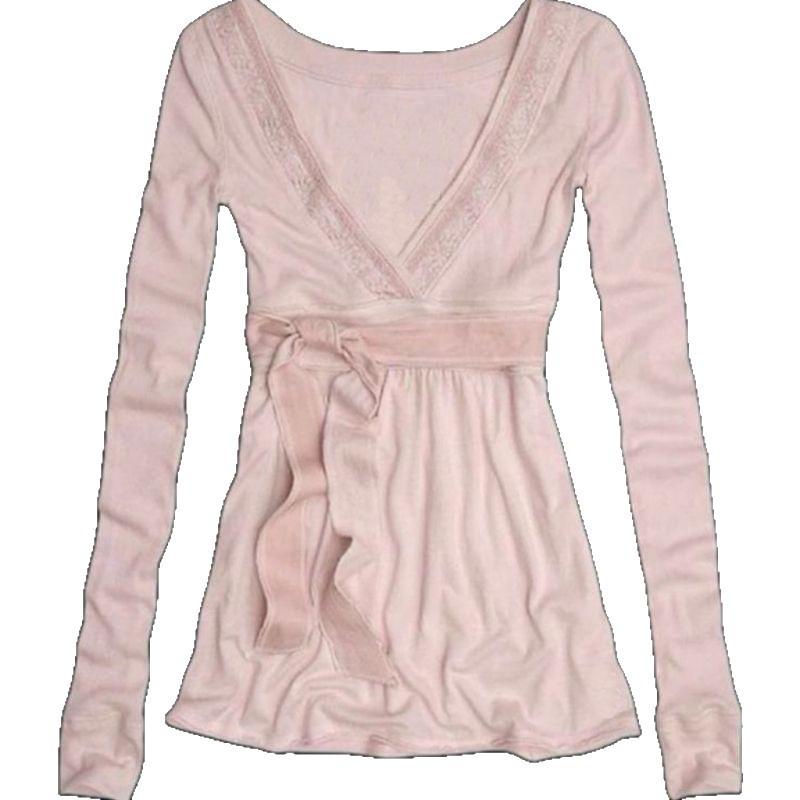 2025 Autumn/Winter Women's Long Sleeve Tie-Up Lace Patchwork T-Shirt