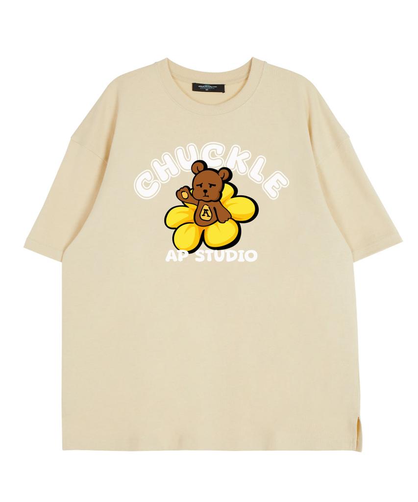 ASTRAL PROJECTION Front Chuckle Bear Round Neck 15-Count Cotton Short Sleeve T-Shirt_Butter