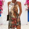 Women Plus Size Criss Cross Cutout Halter Neck Sleeveless Fitted Christmas Printed Dress