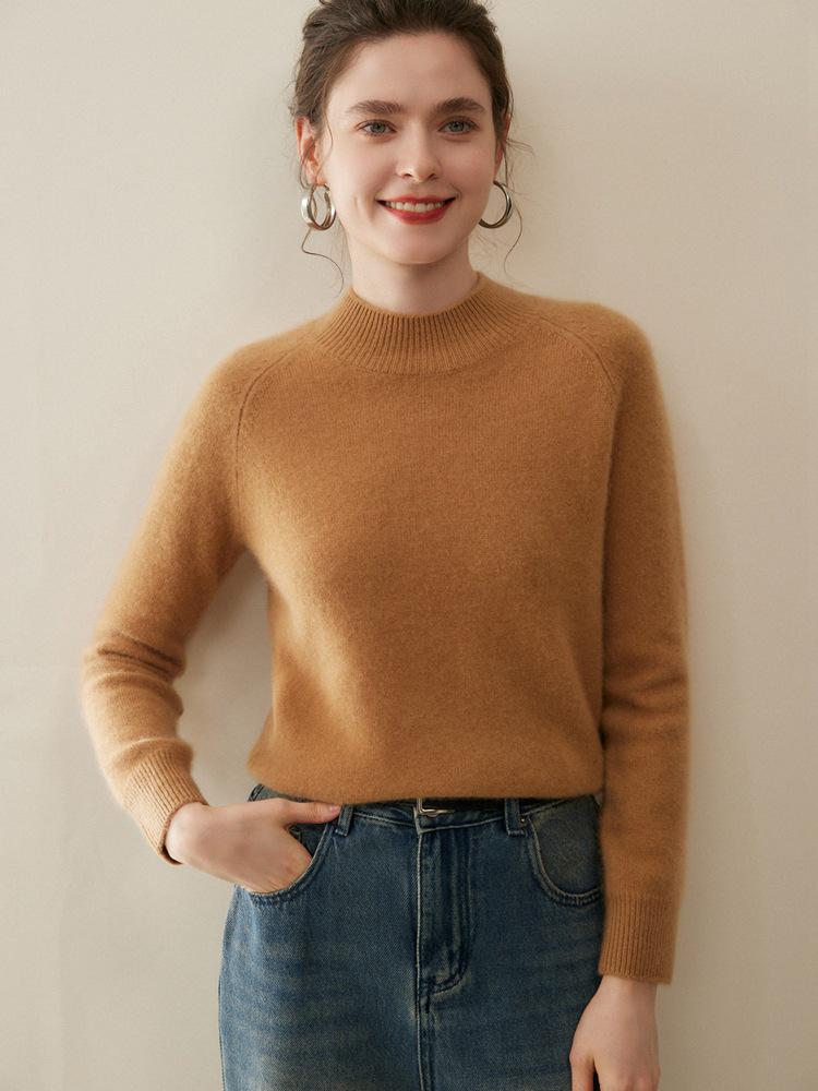 Women's 100% Pure Cashmere Sweater - Autumn/Winter Thick Half-High Collar Knit Base Layer, Loose Slimming Short Style