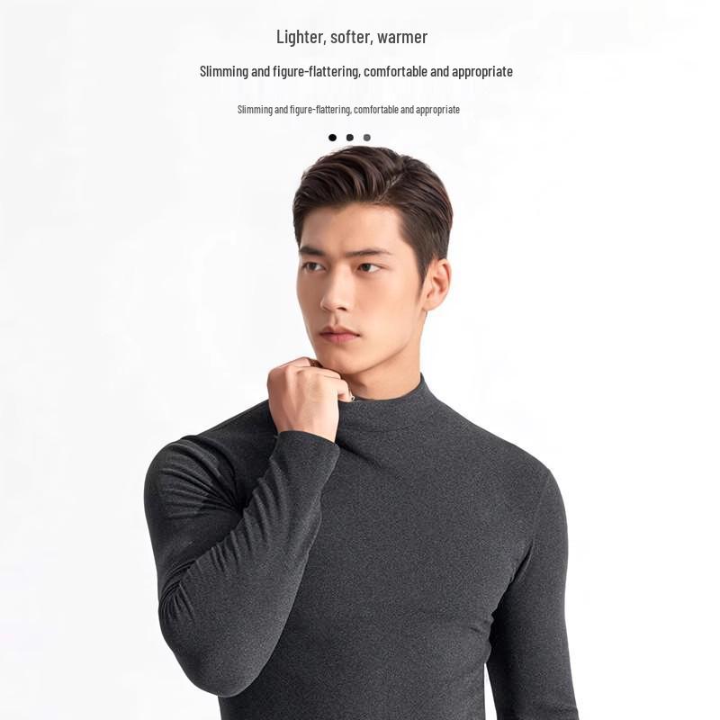Men's Velvet Base Layer Semi-High Neck Fleece Long Sleeve Warm Top