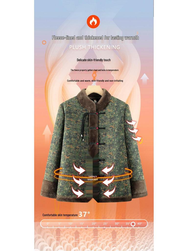 Winter Cotton Jacket with Fur Lining for Middle-aged and Elderly Women - Chinese National Style