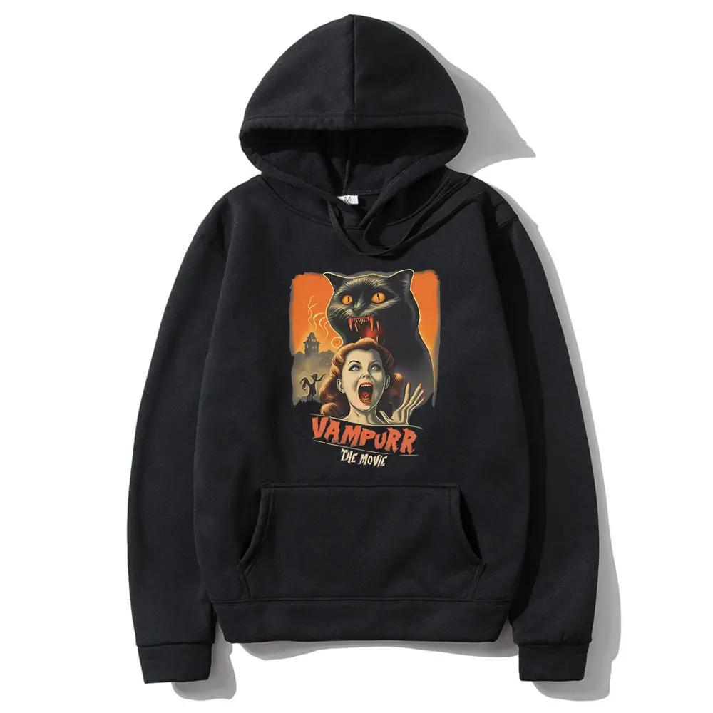 Cat Pattern Hoodie Horror Halloween Printed Hoodie Men's Wool New Hoodie Retro Hoodie Men's Sportswear