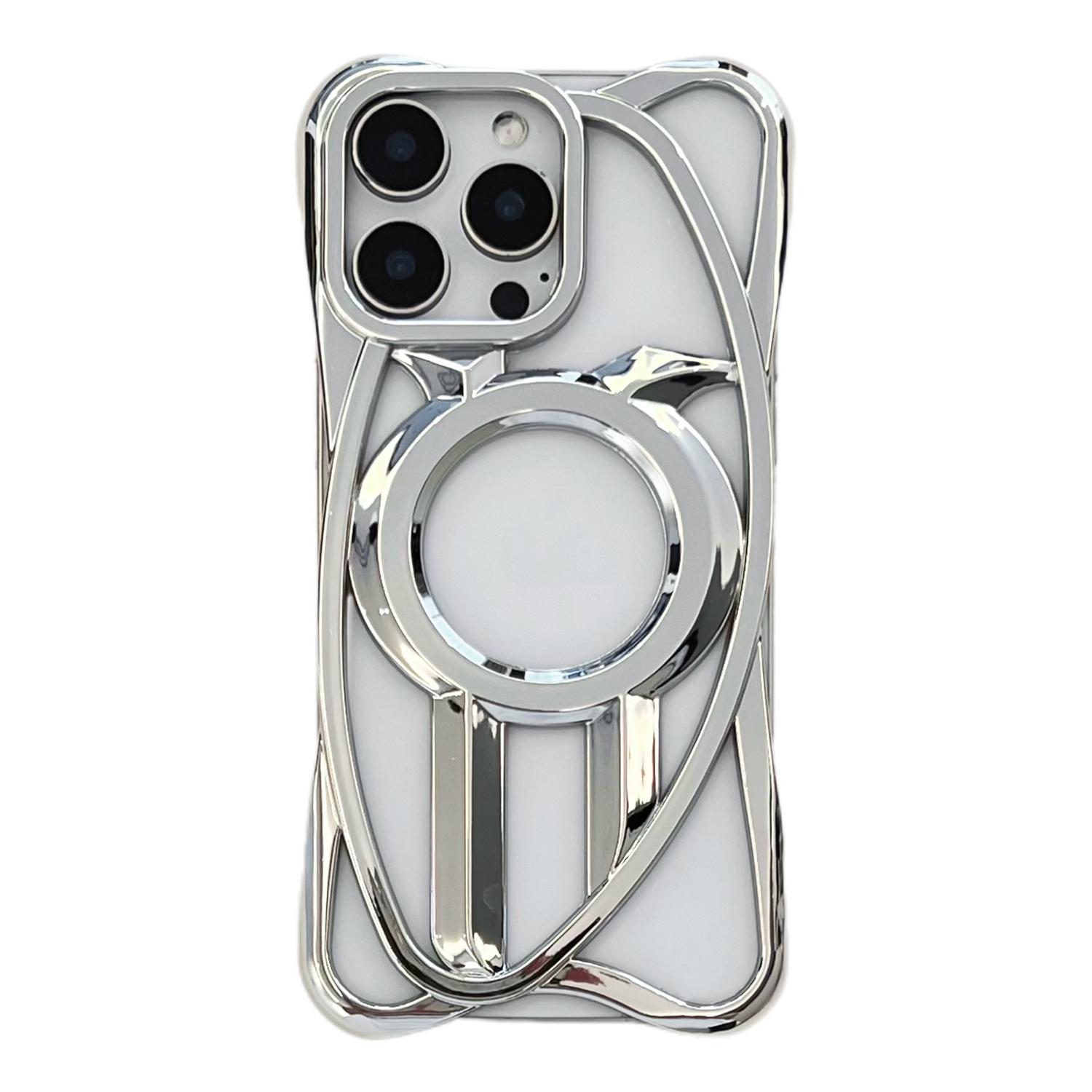 

For iPhone 16 Pro Max Case Compatible with MagSafe Frameless Electroplated Hollow Design TPU Phone Cover Silver