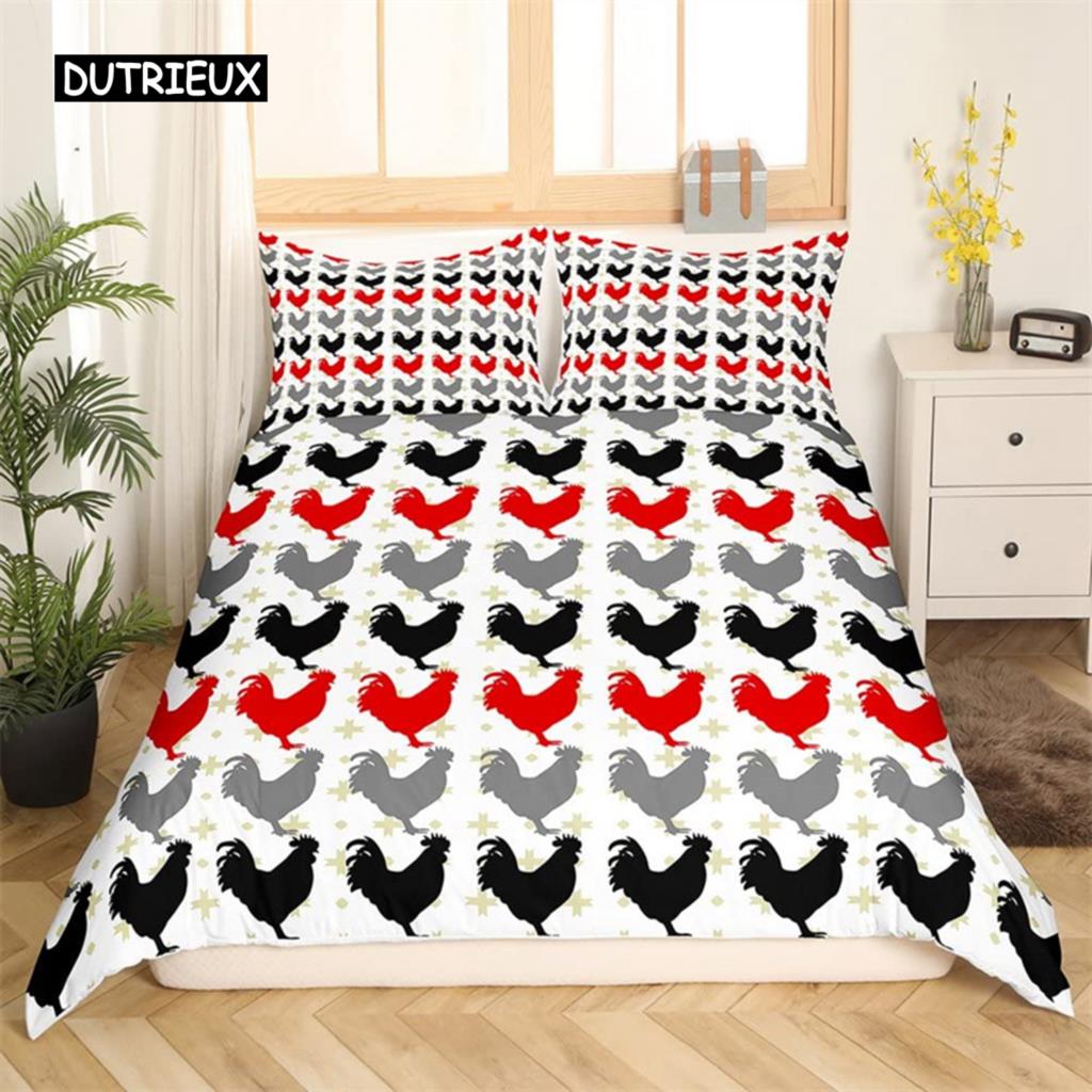 Kylling Sengetøy Sett Queen Gårdshus Dyr Dynetrekk Høne Hane Kylling Dynetrekk For Jenter Tenåringer Kvinner Soveromsdekor