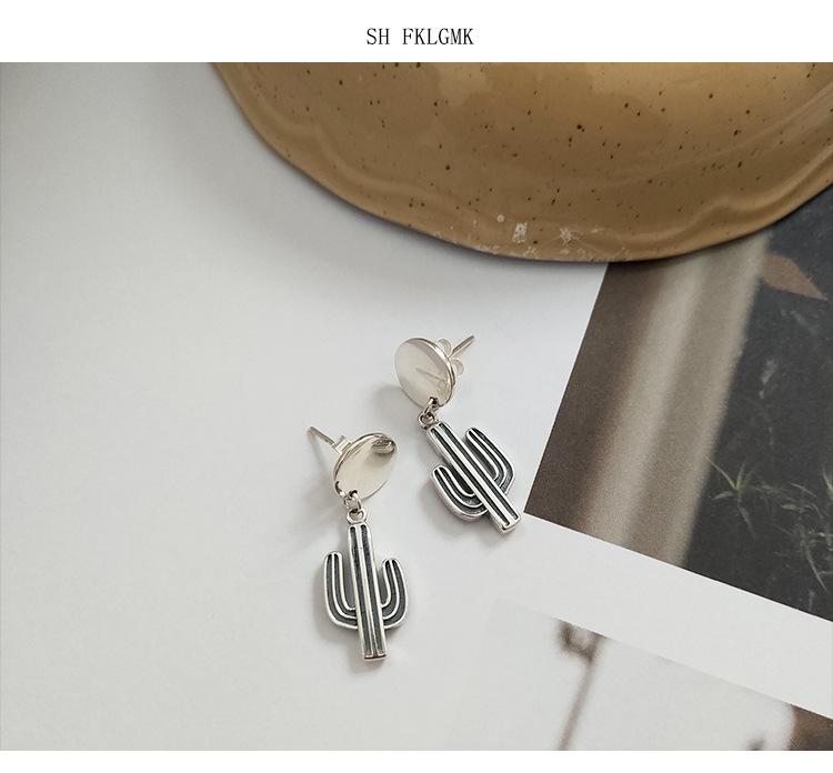 Korean Trendy s925 Sterling Silver Cactus Stud Earrings for Women - Retro Style, Simple, and Stylish.