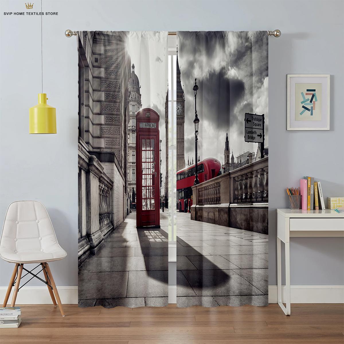 

American Vintage Black And White City Building Bus 3D Print Printingcurtains, Ideal For Bedroom Space, Living Space, Study Room, Ornamental W50X130H(CM)X2PCS&Rod pocket