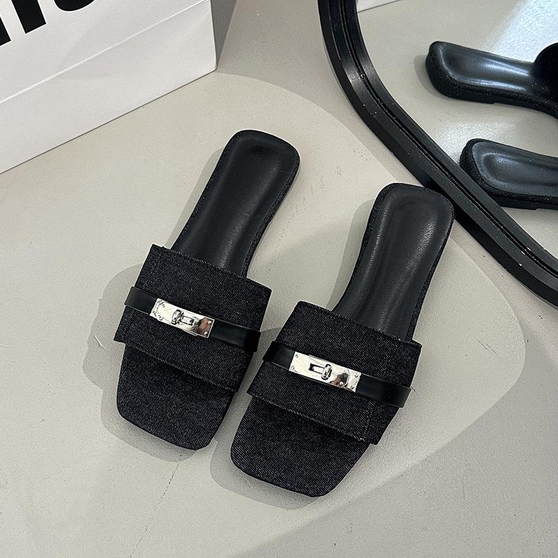 Flat Bottom Buckle One-word Slippers Women's 2025 Summer New Fashionable Versatile Denim Square Head Wearing Beach Cool Slippers