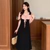 French Temperament Wind Splicing Contrasting Color Pleated Bubble Sleeve Dress Women's Summer Slim Lace-up Knee A-shaped Long Dress