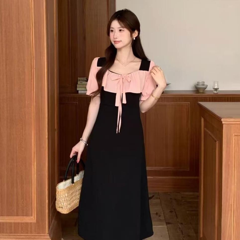 French Temperament Wind Splicing Contrasting Color Pleated Bubble Sleeve Dress Women's Summer Slim Lace-up Knee A-shaped Long Dress