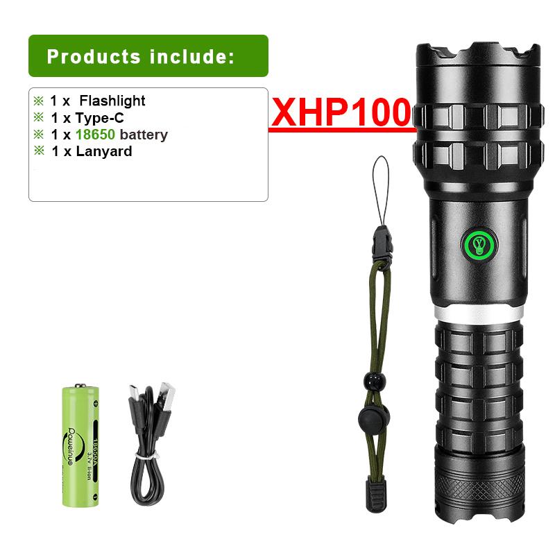 Powerful Flashlight 230000LM Torch Light XHP100 LED Wick High Energy Brightness Lamp Camping Lantern Hiking Light