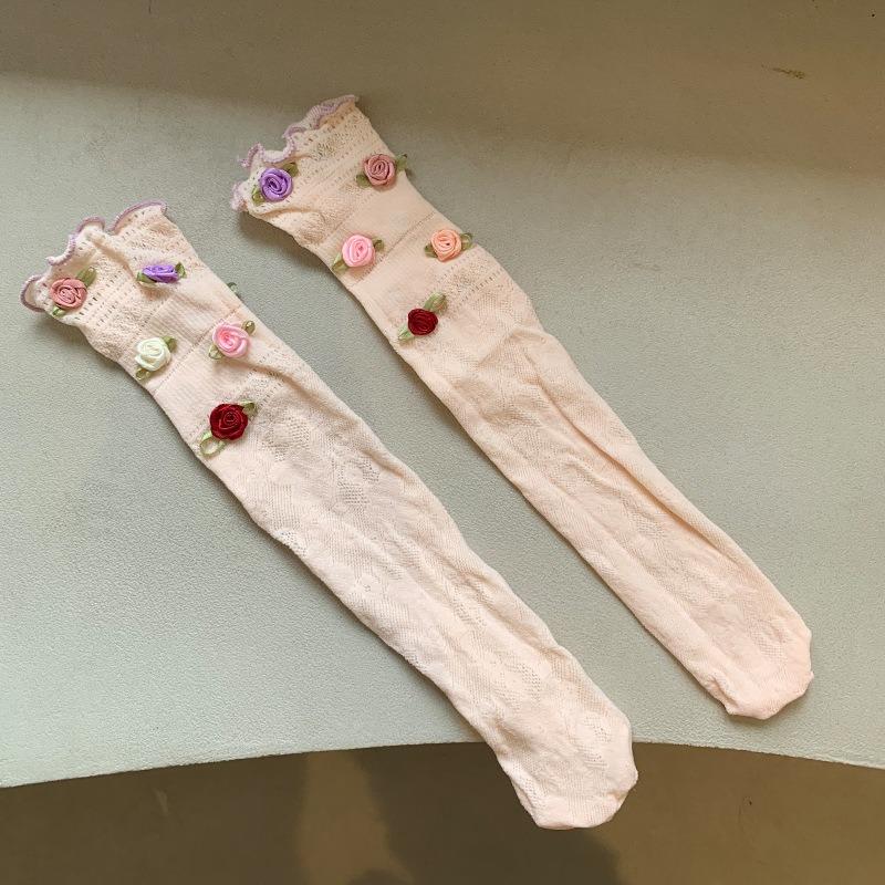 Rose Flowers Lace Socks for Women Summer Spring Sweet Lovely Breathale Cotton Middle Tube Socks Mesh Sock Girls Daily Hosiery