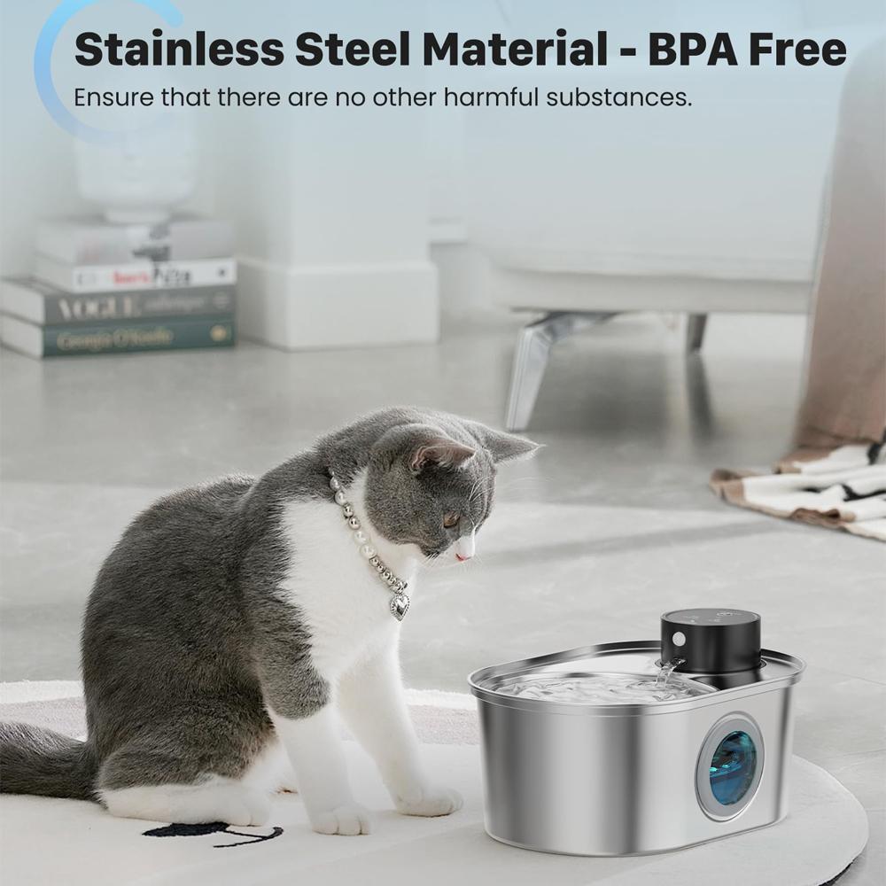 108oz/3.2L Stainless Steel Wireless Cat and Dog Drinker Rechargeable Automatic Pet Drinker Water Fountain Motion Sensor Bowl