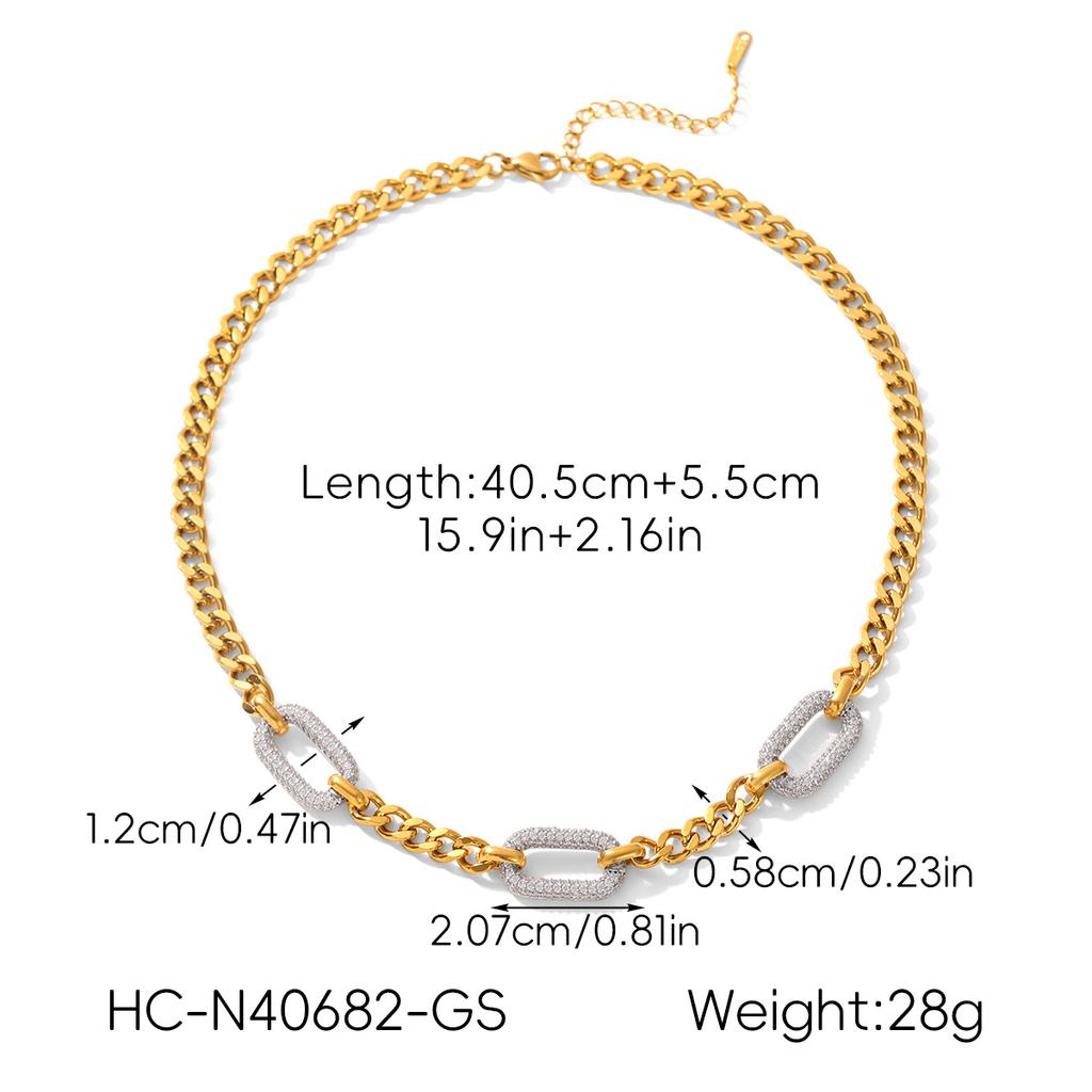 Titanium steel neck chain fully paved with diamond zircons, high-end color-block stainless steel Cuban link necklace