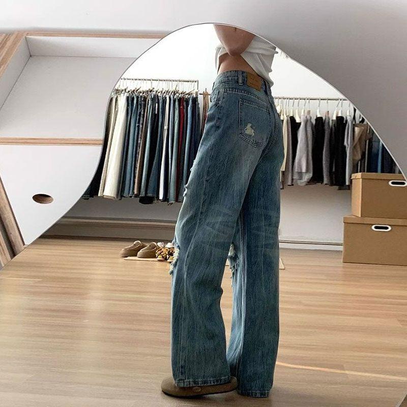 High Waisted Washed Crease Wide Leg Jeans Female Broken Holes Large Size Straight Loose Skinny Dragging Trousers Jeans for Women Long Denim Pants