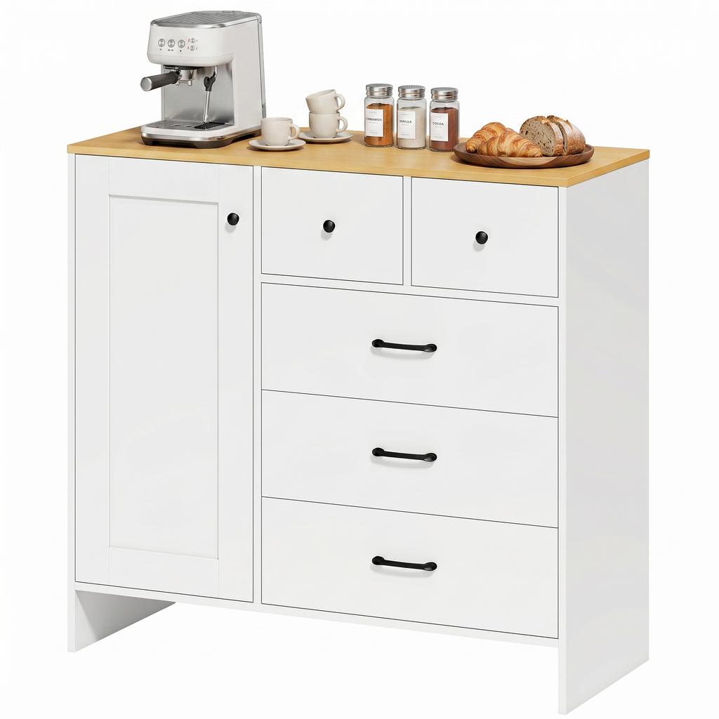 Kitchen Buffet, Storage Unit, 5 Drawers, Door, 100 x 40 x 94 cm, White