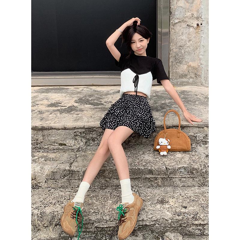 Women's French Floral A-line Cake Skirt - Summer Korean Style, High Waist, Slimming, Elastic Waist, Petite Half Skirt