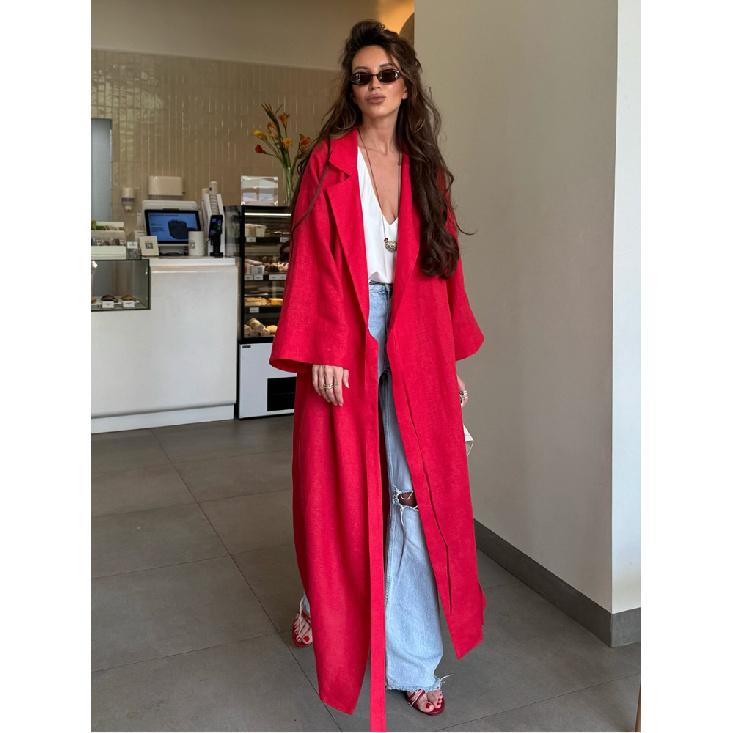 Sommer Neues Damen Stilvolles Rotes Leinen Wickel Maxi Kleid Revers Kimono Ärmel Gürtel Lange Robe Elegantes Schickes Kleid