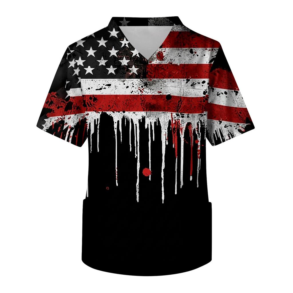 Men's V Neck Scrub Top with Chest Pocket American Flag Print Short Sleeve Medical Uniform Shirt for Healthcare Professionals