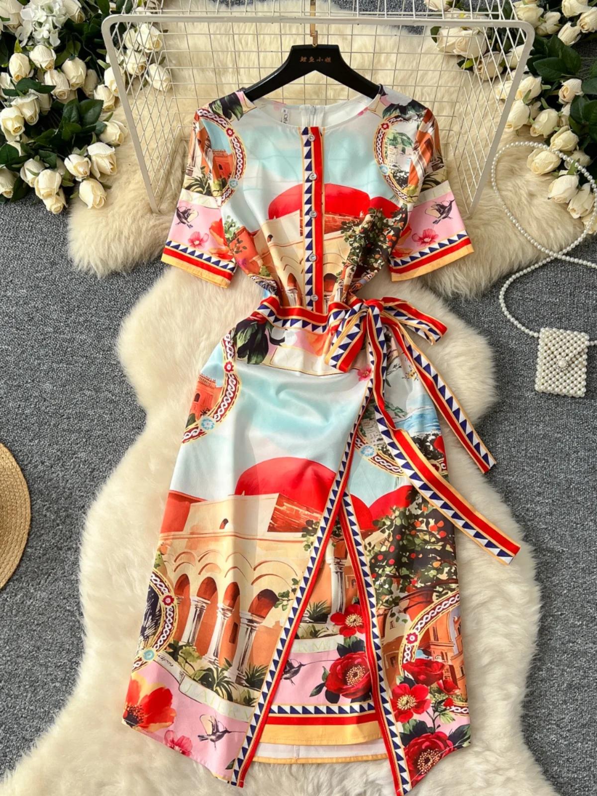 

Ретро сукня з квітковим принтом для жінок у палацовому стилі, короткі рукави, шнурівка, широкі сукні, контрастні нерегулярні сукні з розрізами XXL помаранчевий