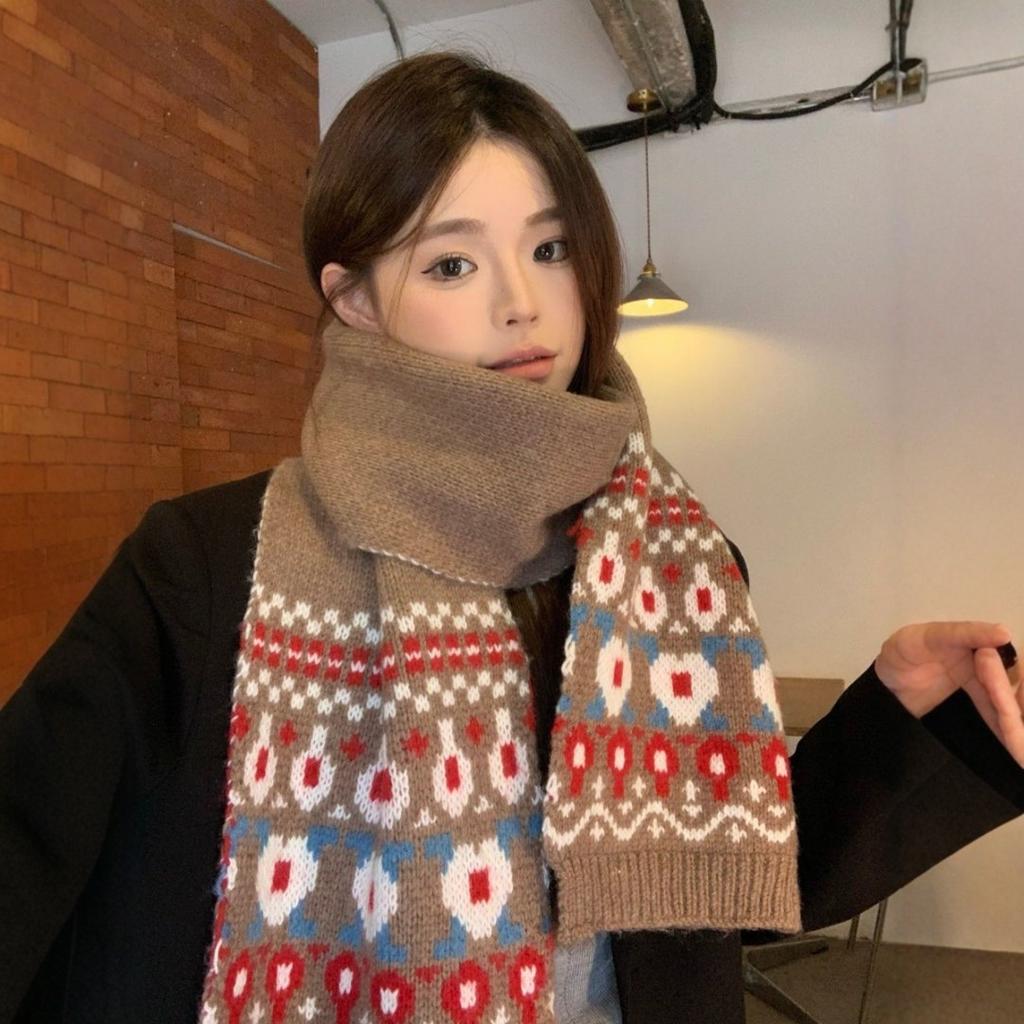 Fair Island Jacquard Knitted Wool Scarf Women's Winter New Brown Retro Thickened Neck Protection Warm Scarf